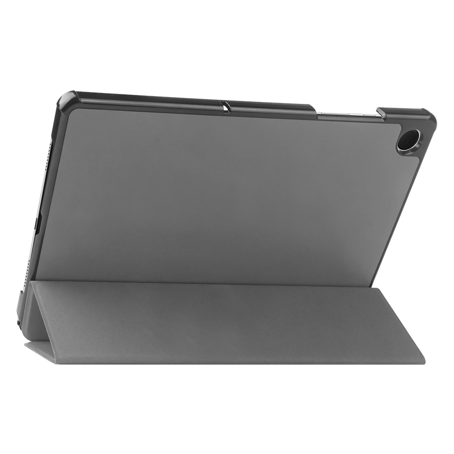 Tablette avec étui ouvert, écran visible, fond blanc.