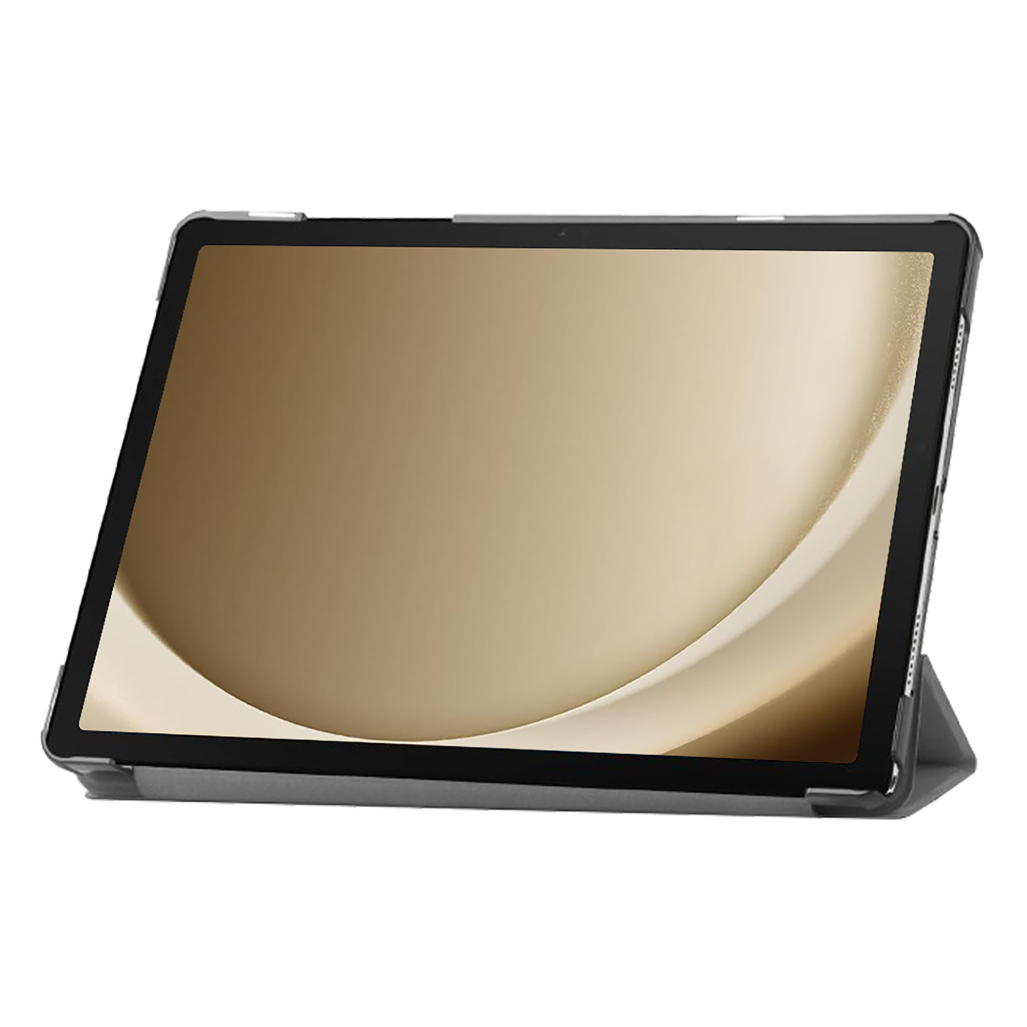 Une tablette dans un étui gris foncé. L'écran affiche un motif doré et incurvé.