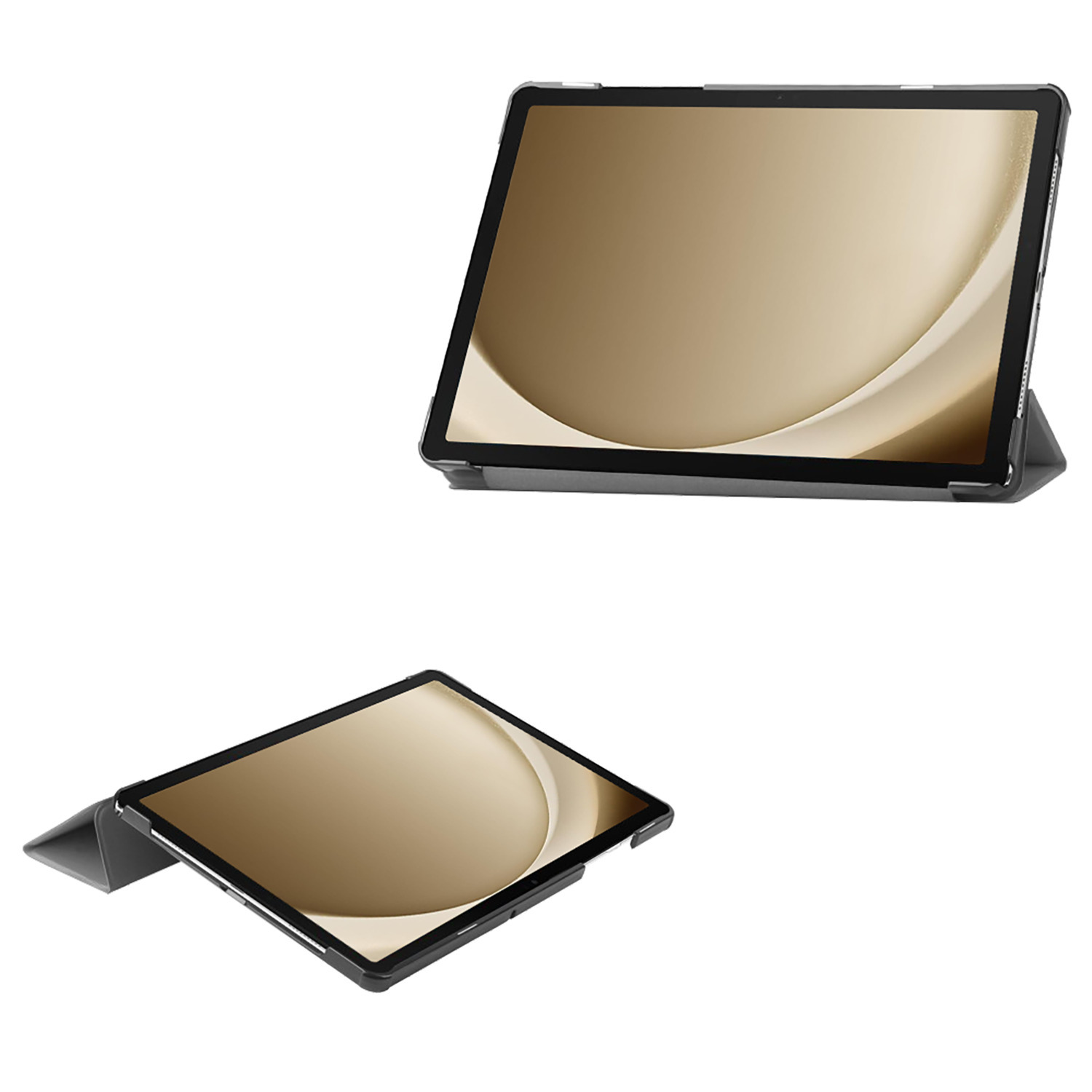 Tablette dans un étui, montrée ouverte et dans deux positions différentes.
