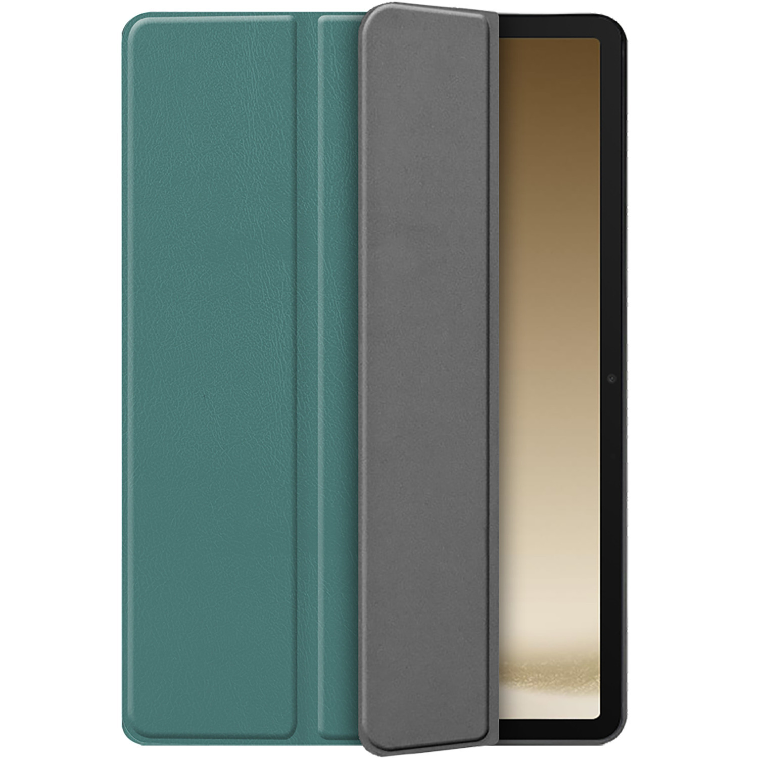 Une tablette dans un étui gris et sarcelle, presque fermé, écran visible.