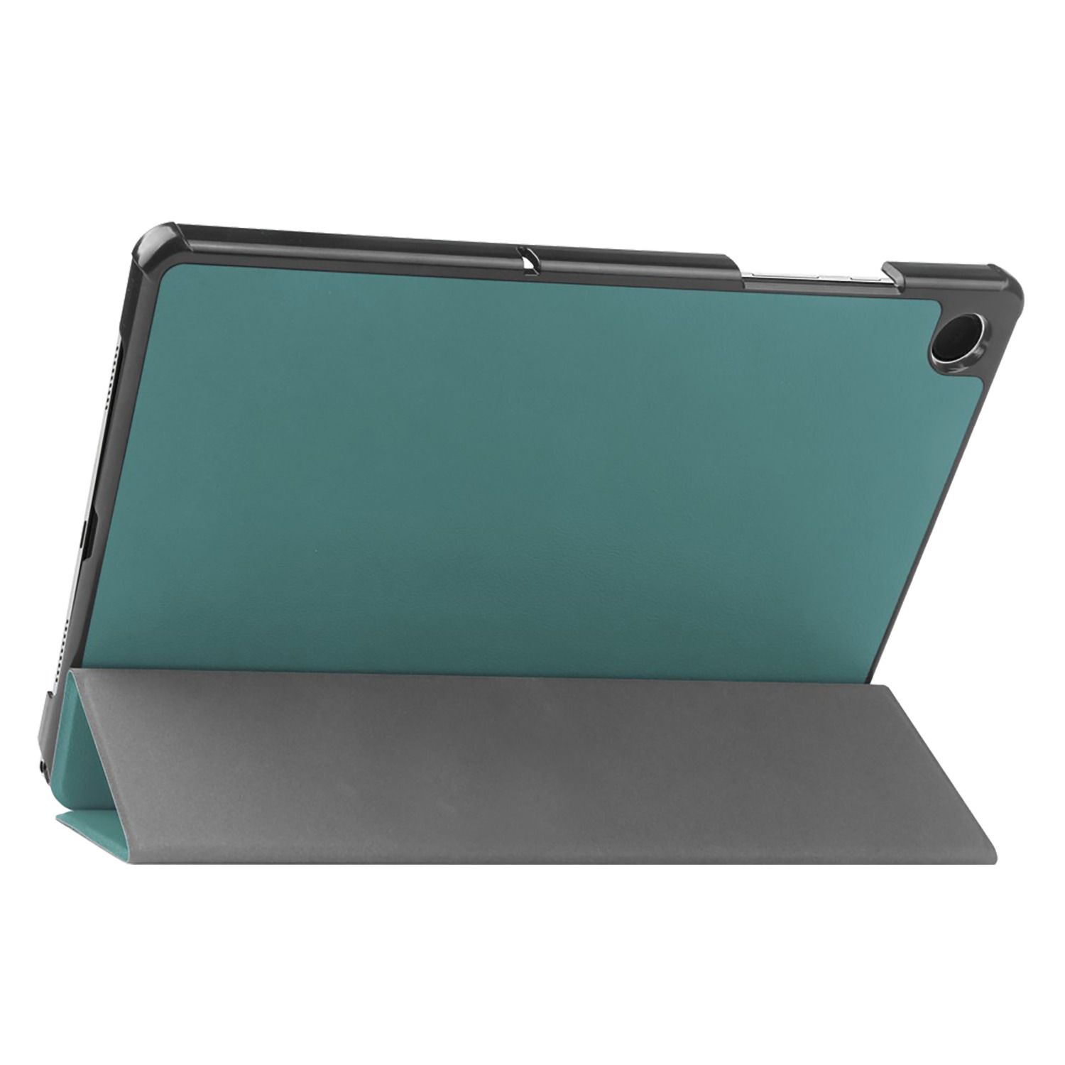 Un étui de tablette, sarcelle et gris. La tablette est maintenue à un angle.