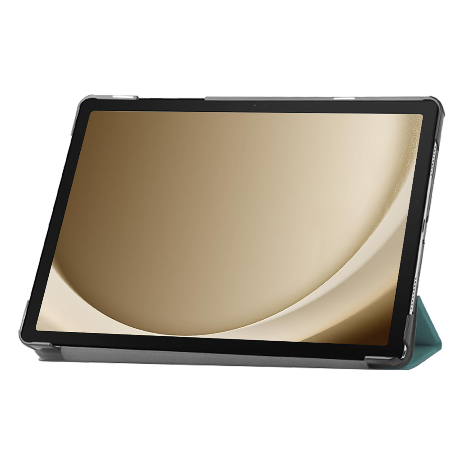 Tablette avec écran affichant un design doré, dans un étui gris foncé avec une couverture sarcelle.