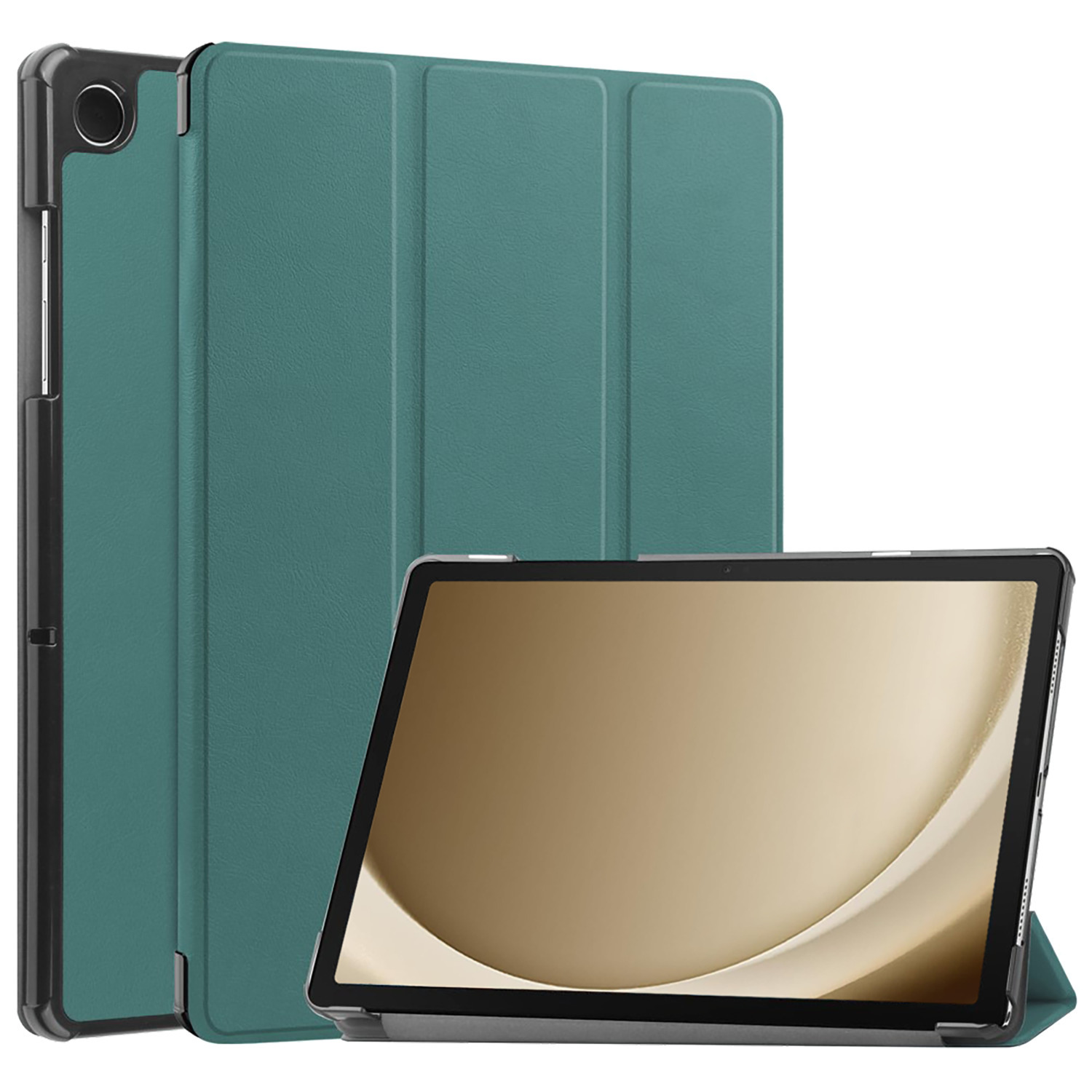 Étui de tablette vert, ouvert, avec une tablette à l'intérieur, debout.