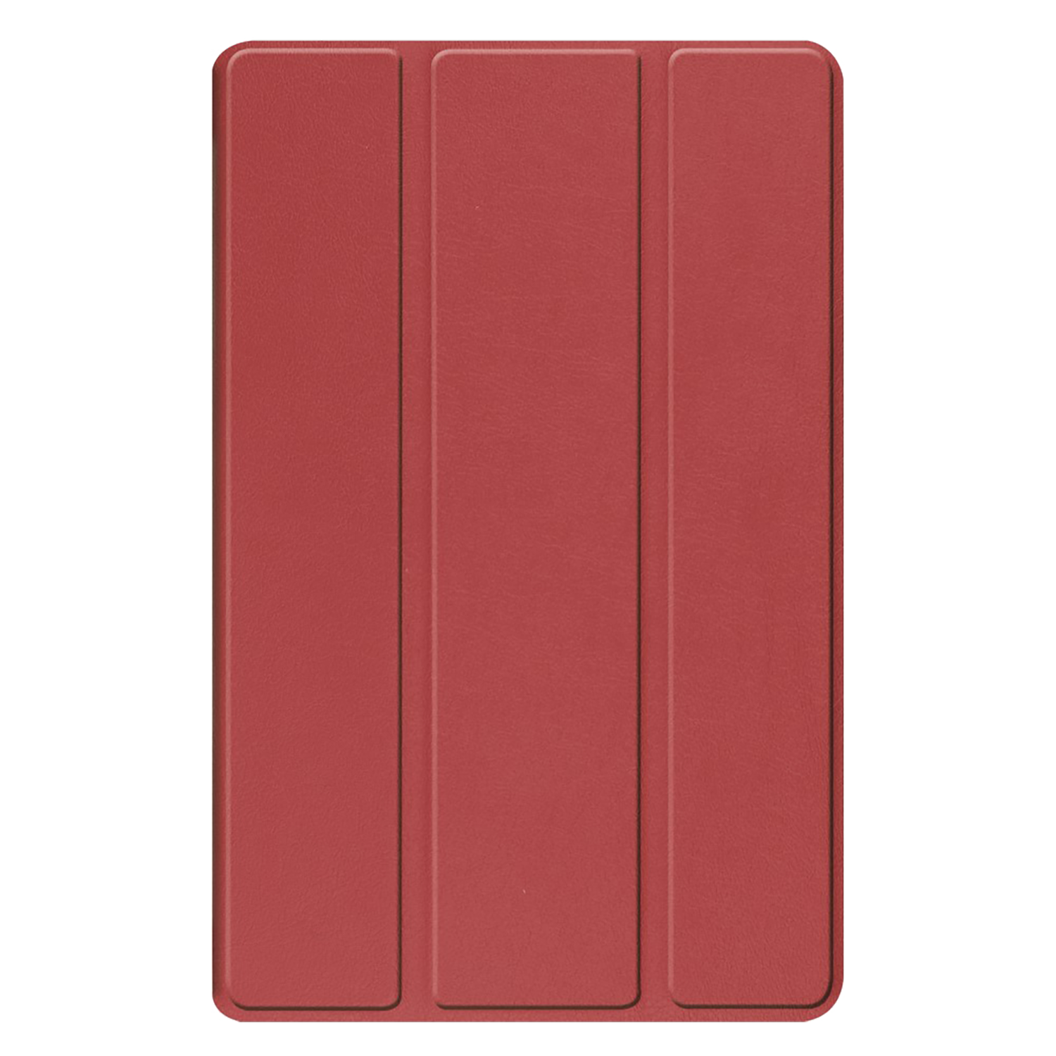 Un étui de tablette rouge à trois volets, fermé, sur fond noir.