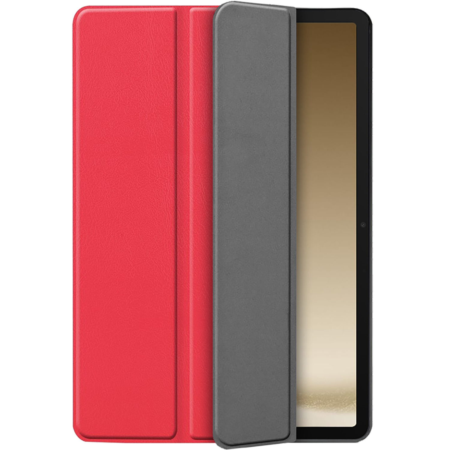 Un étui de tablette rouge et gris est présenté, ouvert pour révéler une tablette. L'étui est en simili cuir.
