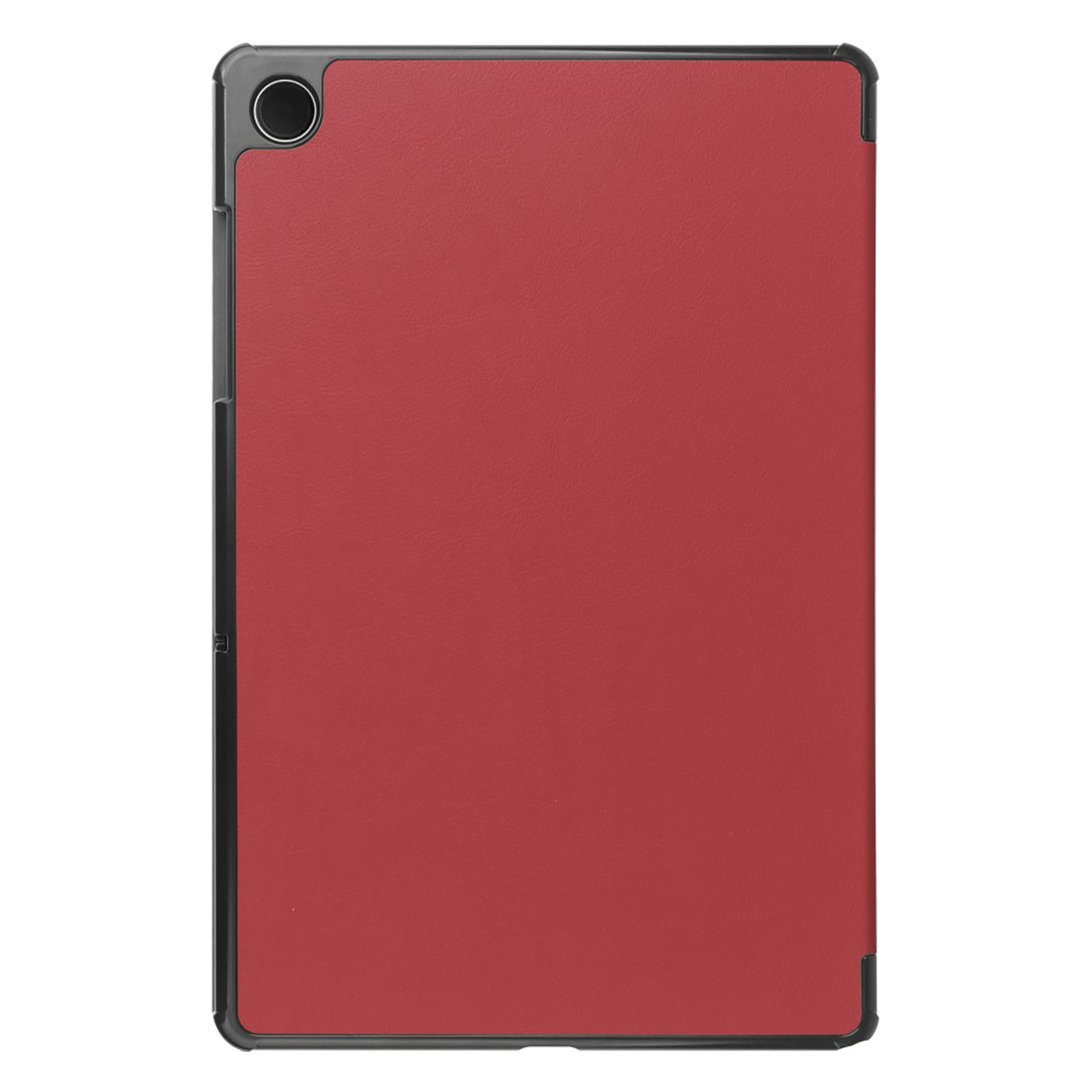 Un étui de tablette rouge avec un cadre noir et un trou pour la caméra en haut à gauche.