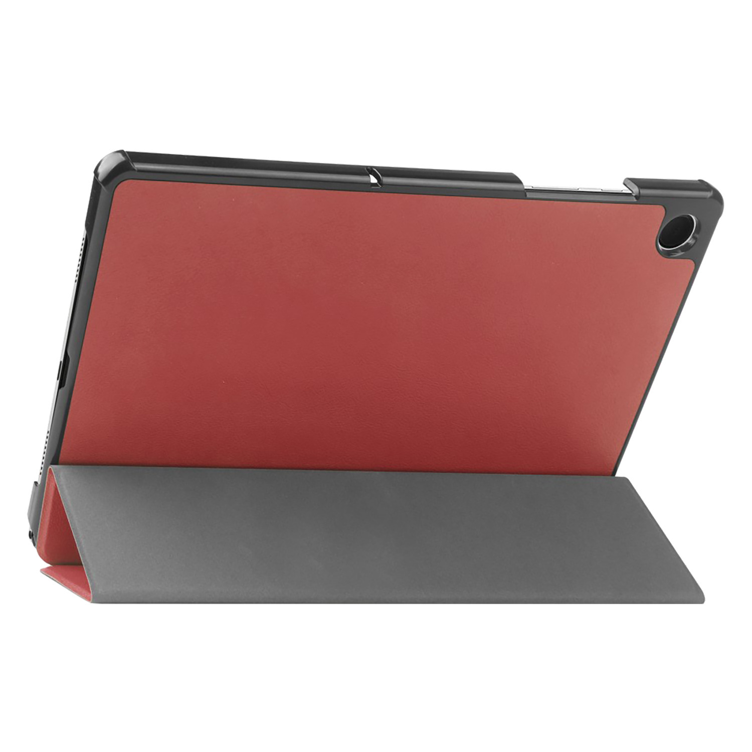 Tablette rouge et noire avec étui ouvert. L'étui est replié.