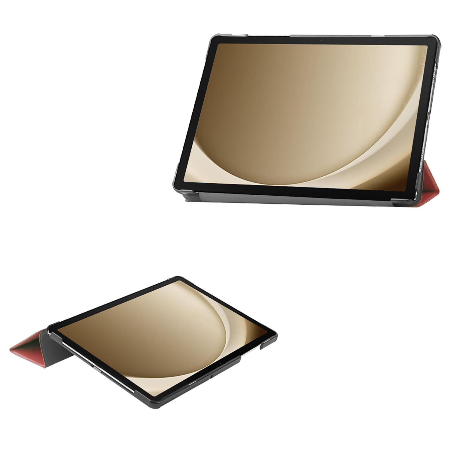 Deux images d'une tablette dans un étui noir, montrant différents angles, fond blanc.