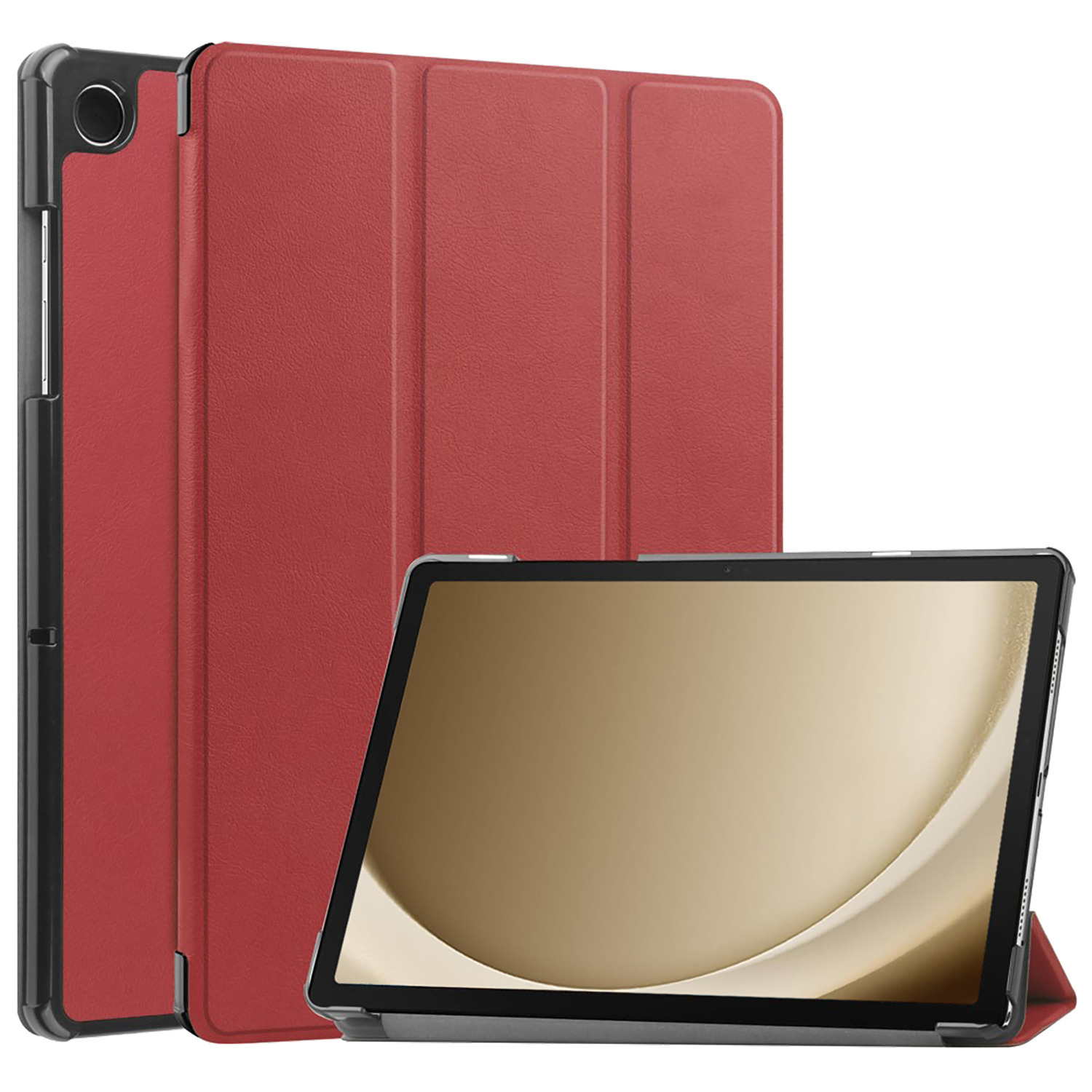 Un étui de tablette rouge avec une tablette à l'intérieur. L'étui est plié et la tablette est debout.