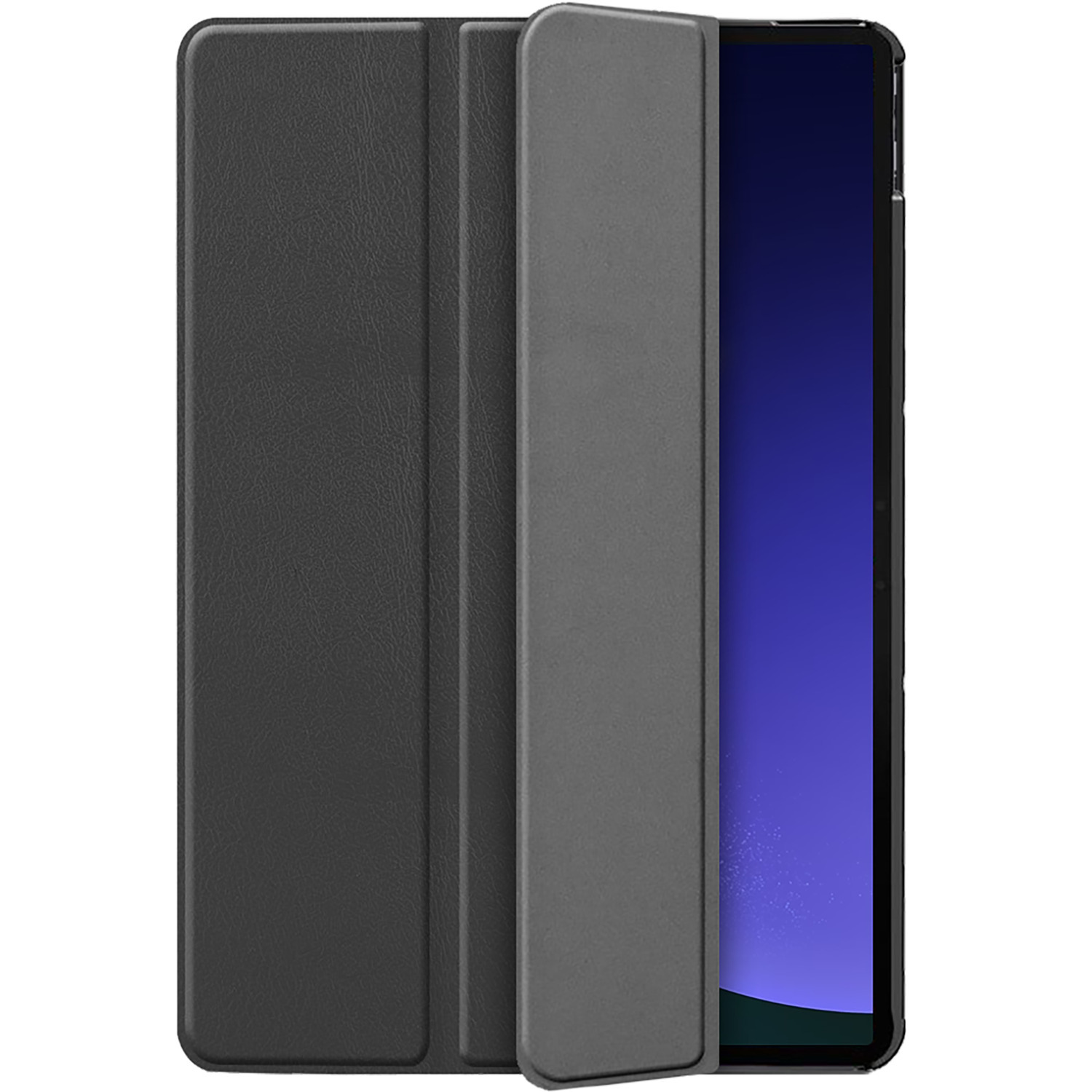 Black tablet case, partially open, showing a blue screen, white background.