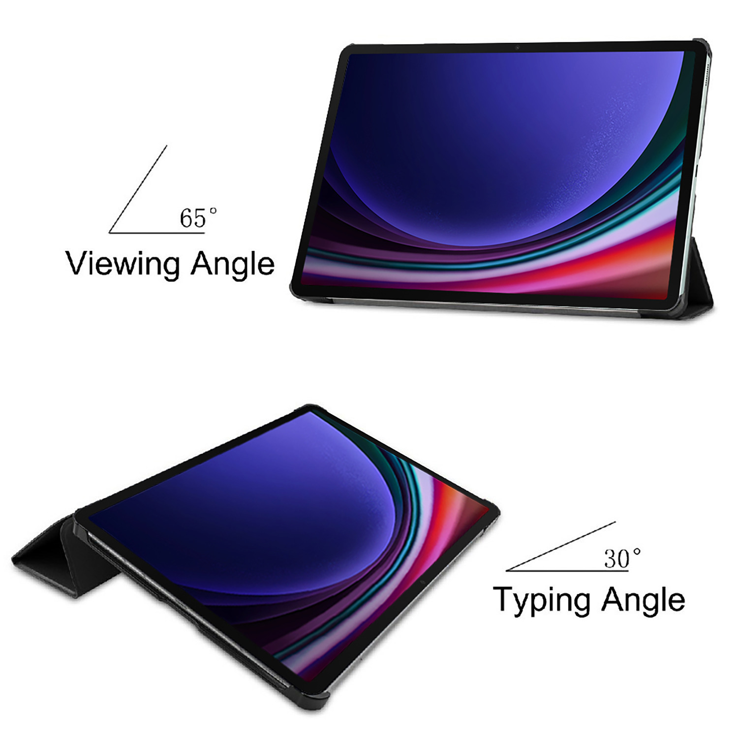 Tablet with cover. Viewing angle is 65 degrees, typing angle is 30 degrees. Black cover.