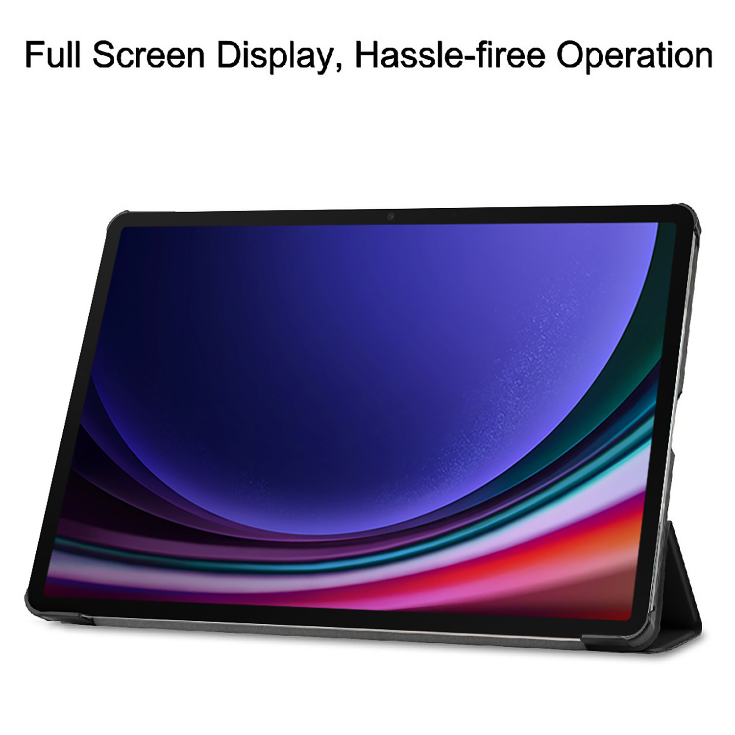 Tablet on a stand with a screen showing a colorful display. Text at the top.