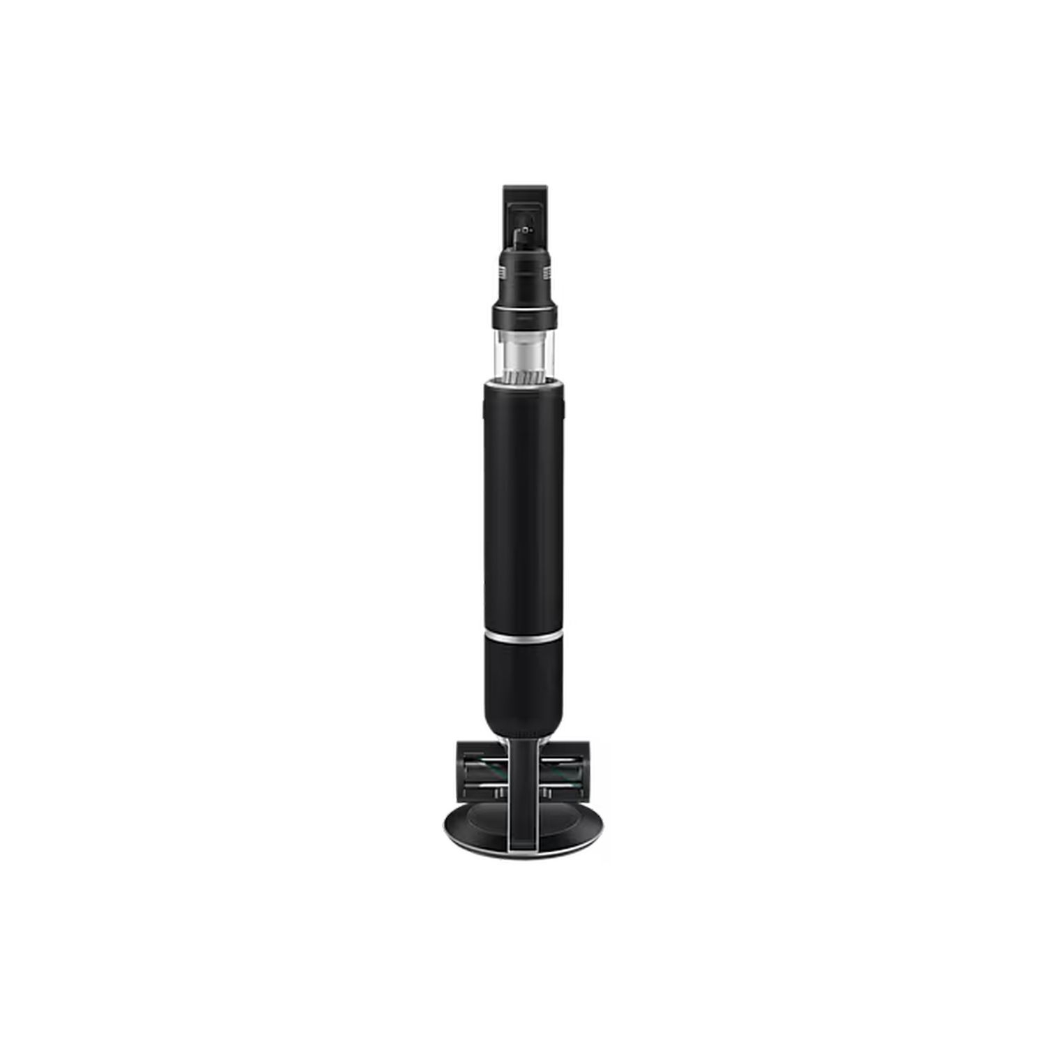 Black cordless vacuum cleaner standing upright. White background.