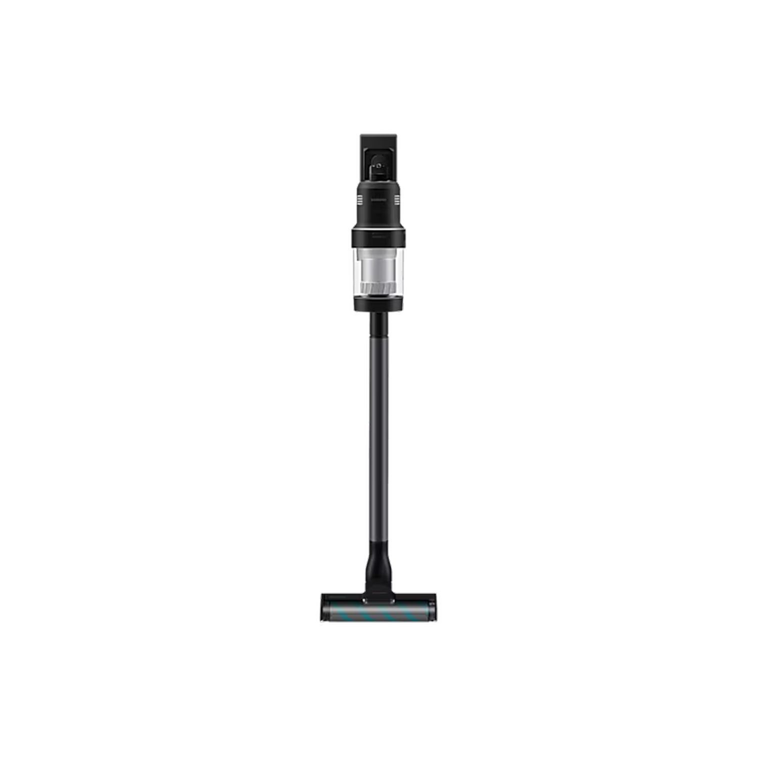 A black stick vacuum cleaner with a clear dust container and brush head.