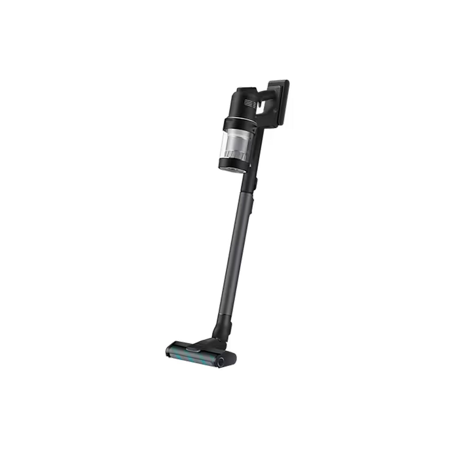 A cordless black and silver vacuum cleaner stands on a white background. The vacuum cleaner is upright.