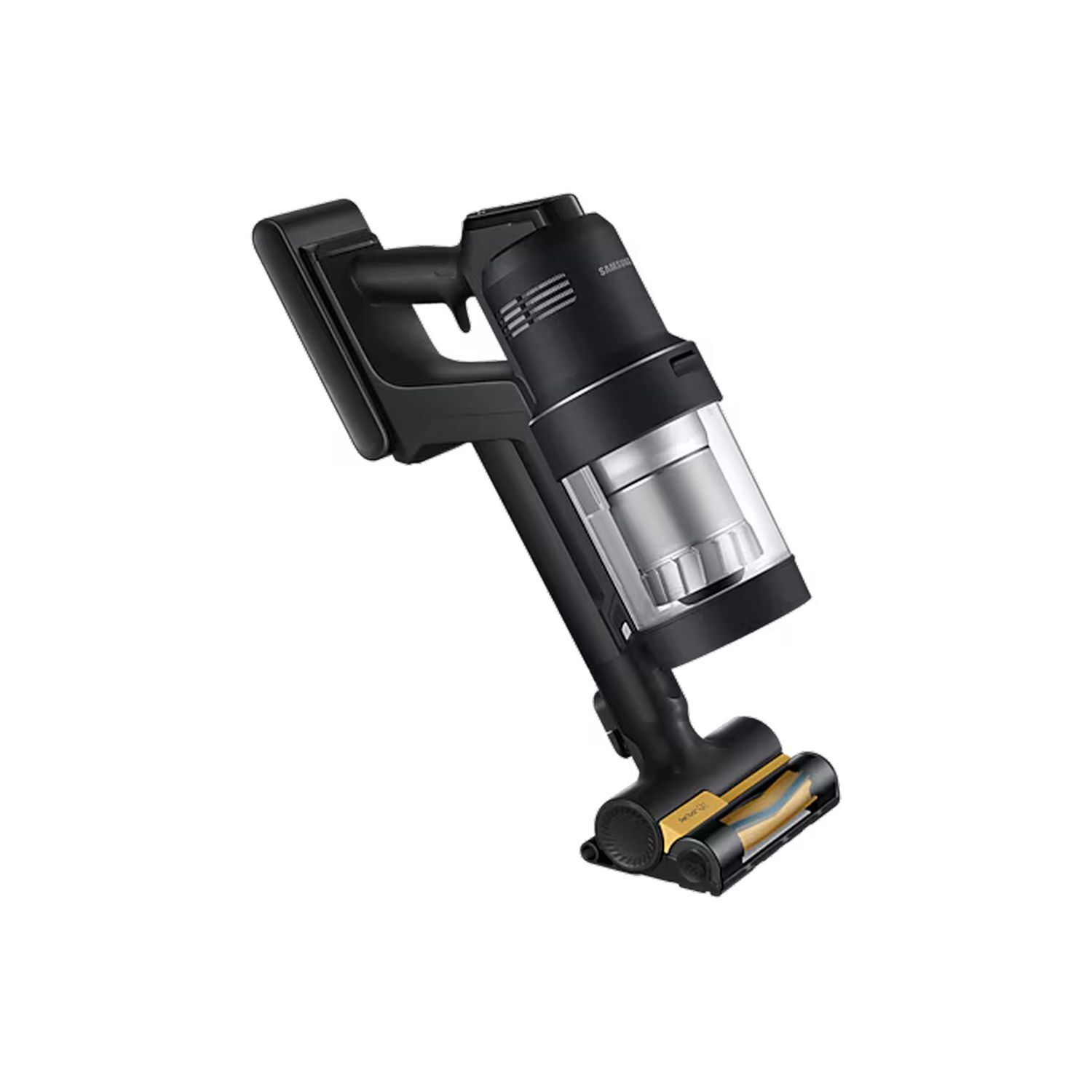 A black cordless vacuum cleaner. It is angled slightly.