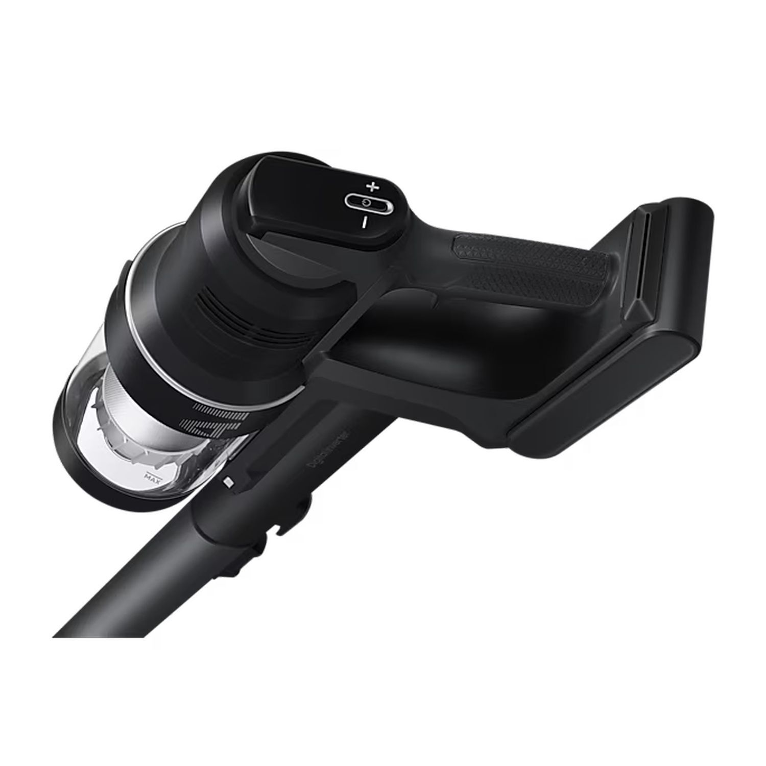A black cordless vacuum cleaner angled upwards, showing the handle and dust container.