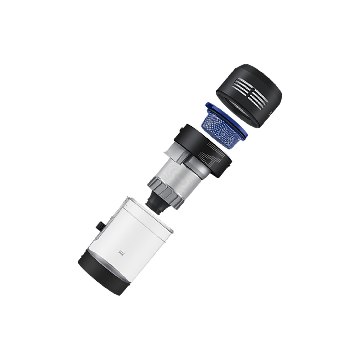 Vacuum cleaner components in an exploded view. Includes the dustbin, filters, and motor.