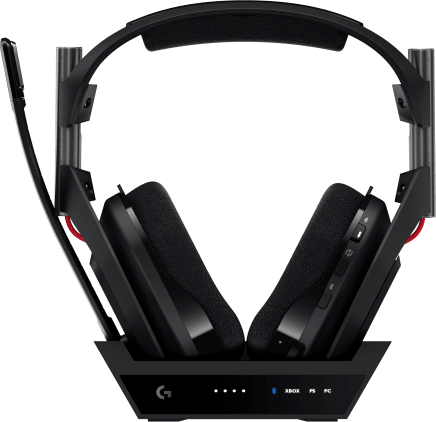 Játék fejhallgató állványon, fekete, piros betétekkel, Xbox, PS és PC ikonokkal.