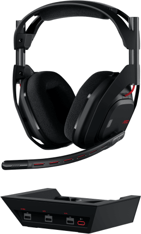 Fekete gamer headset és alap. Piros díszítések. A headset az alap tetején van.