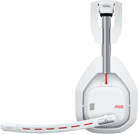 Fehér-ezüst gamer headset mikrofonnal. Piros díszítések láthatók.