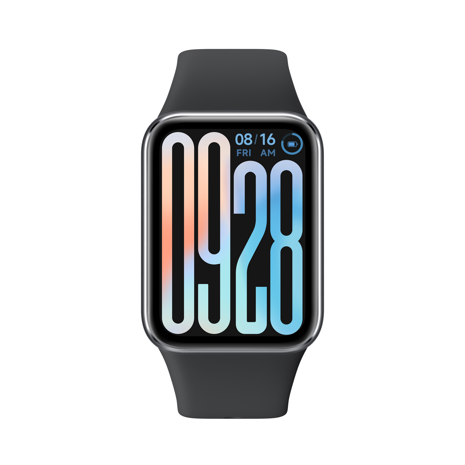 Smartwatch con correa negra y pantalla digital que muestra la hora y la fecha.
