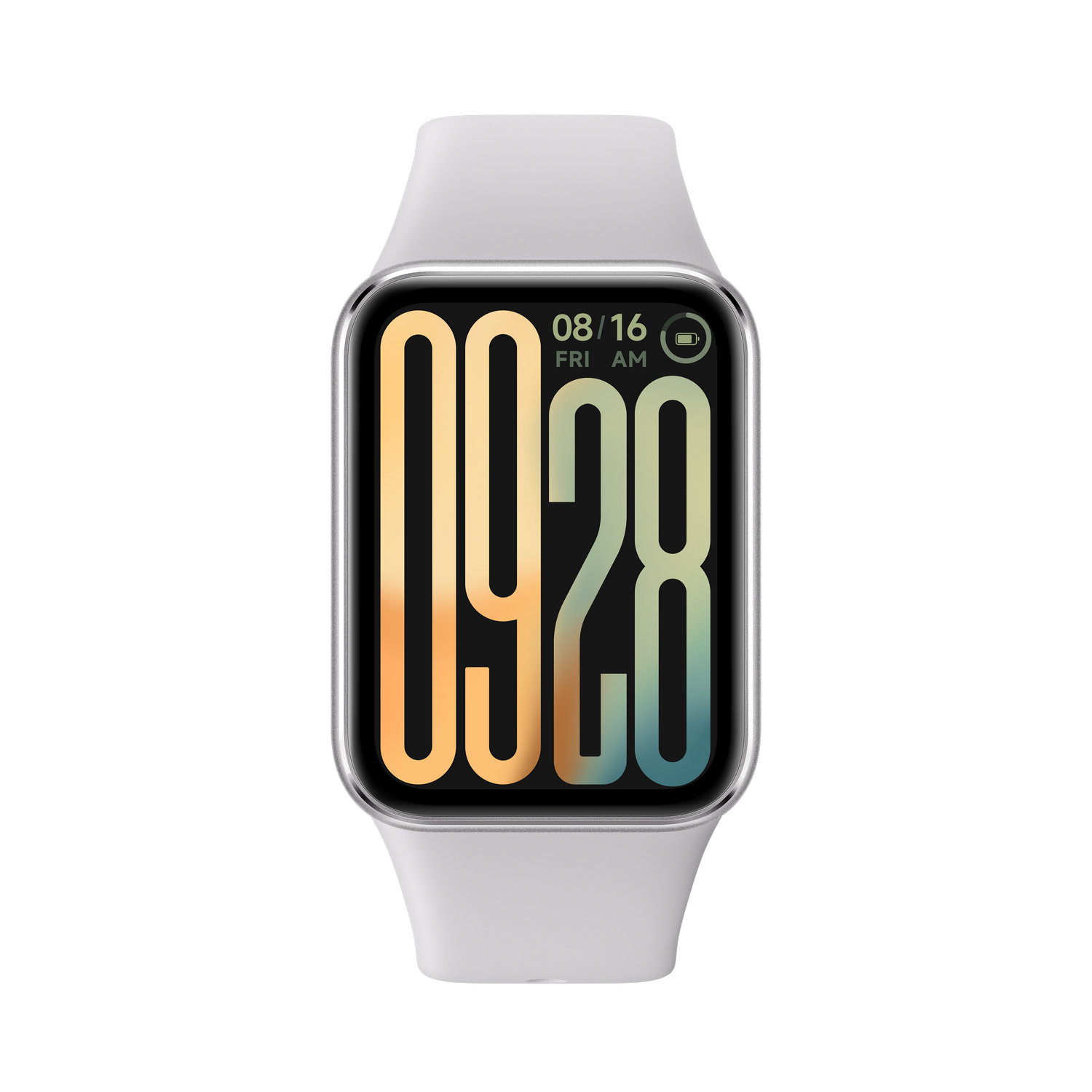 Smartwatch blanca con pantalla negra que muestra la hora y la fecha.