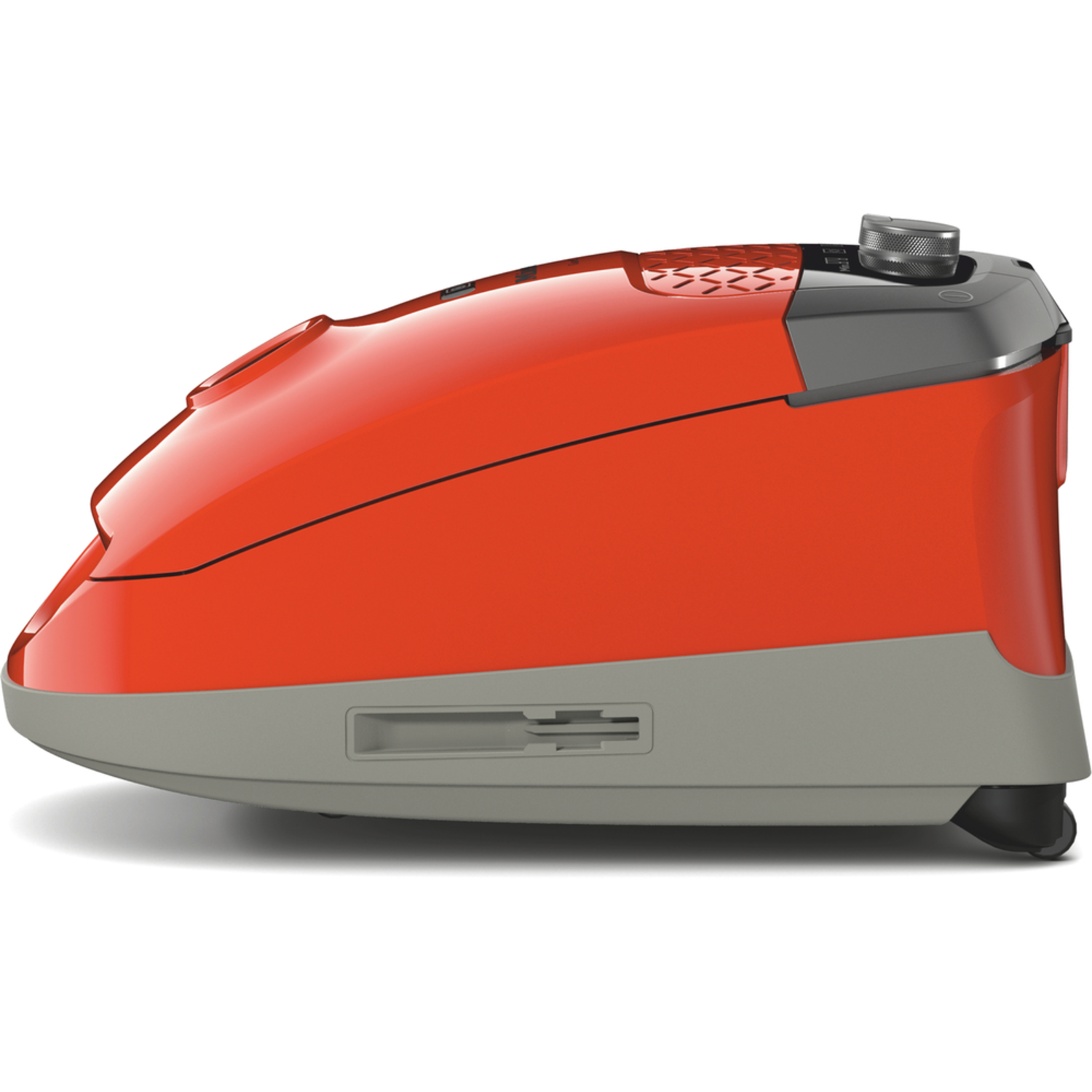 Oranje en grijze robotmaaier. Zijaanzicht, met wielen. Witte achtergrond.