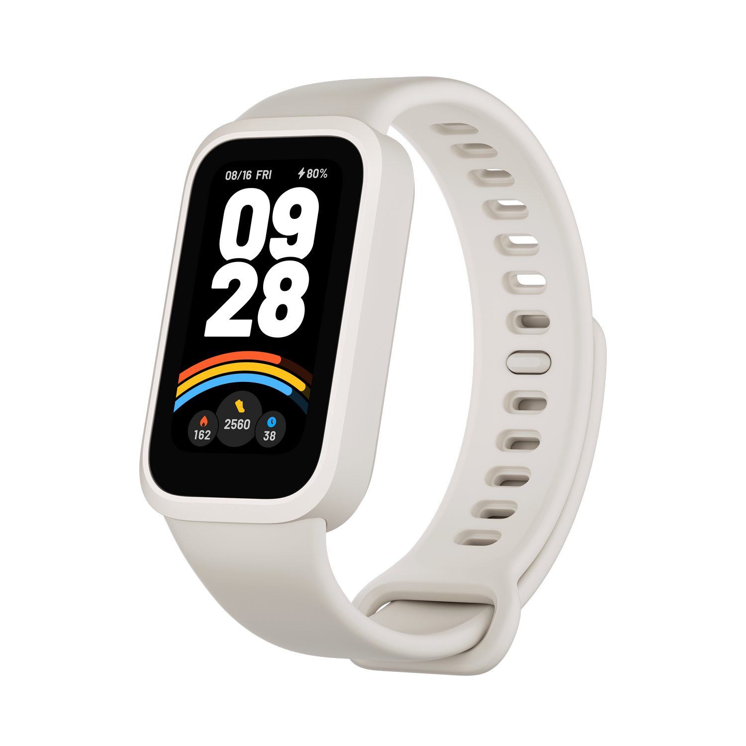 Un reloj inteligente blanco con pantalla digital, mostrando hora y estadísticas, sobre fondo negro.