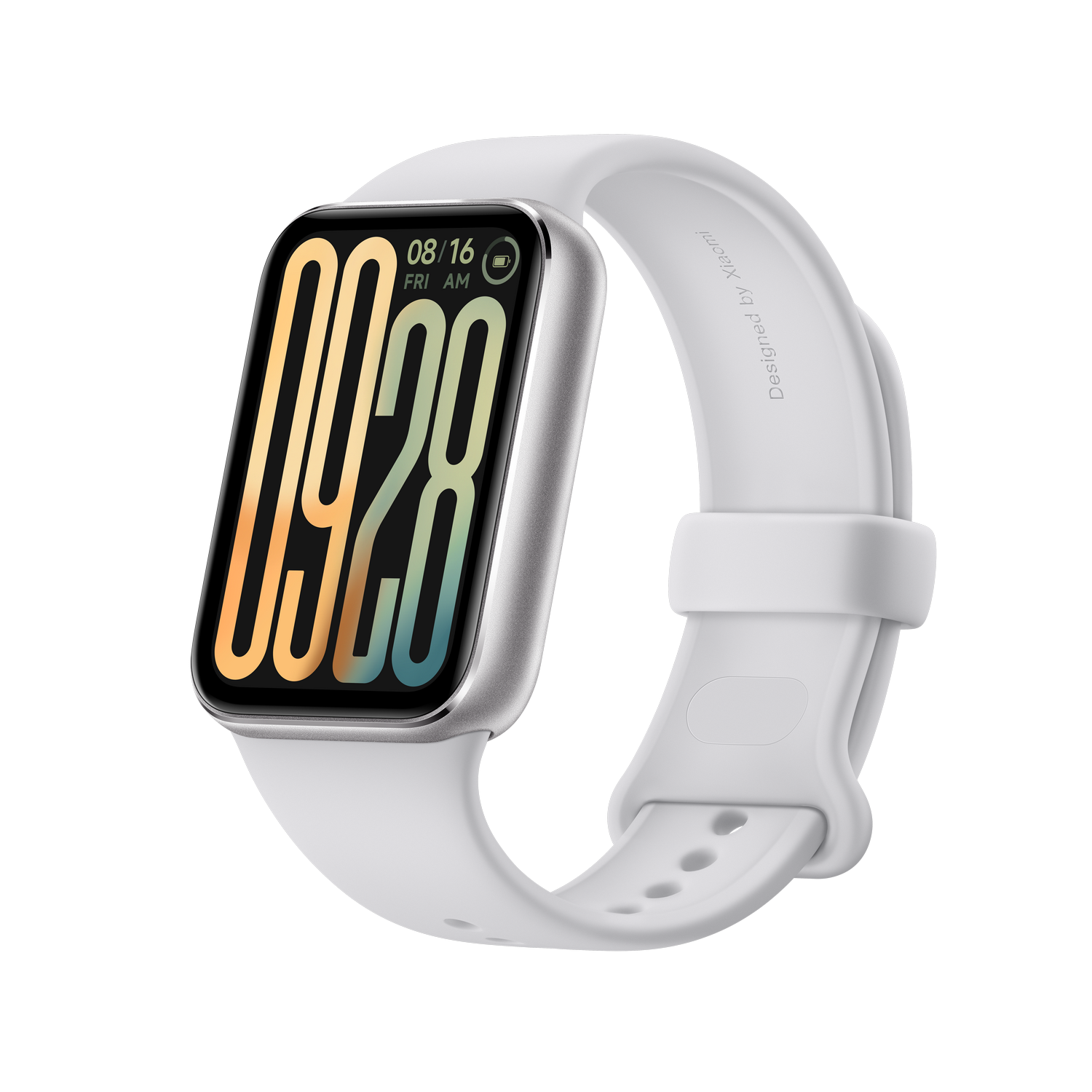 Un reloj inteligente blanco con una pantalla rectangular que muestra la fecha y la hora, y una correa blanca.