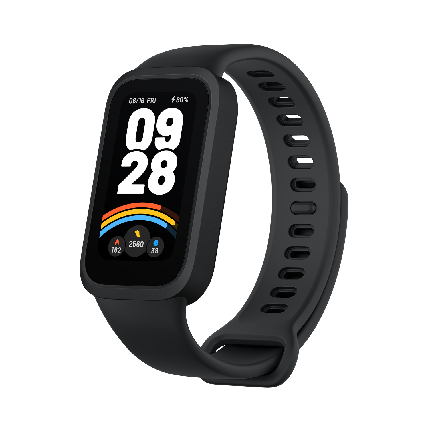 Un reloj inteligente negro con una pantalla que muestra la fecha y la hora. La correa es negra.