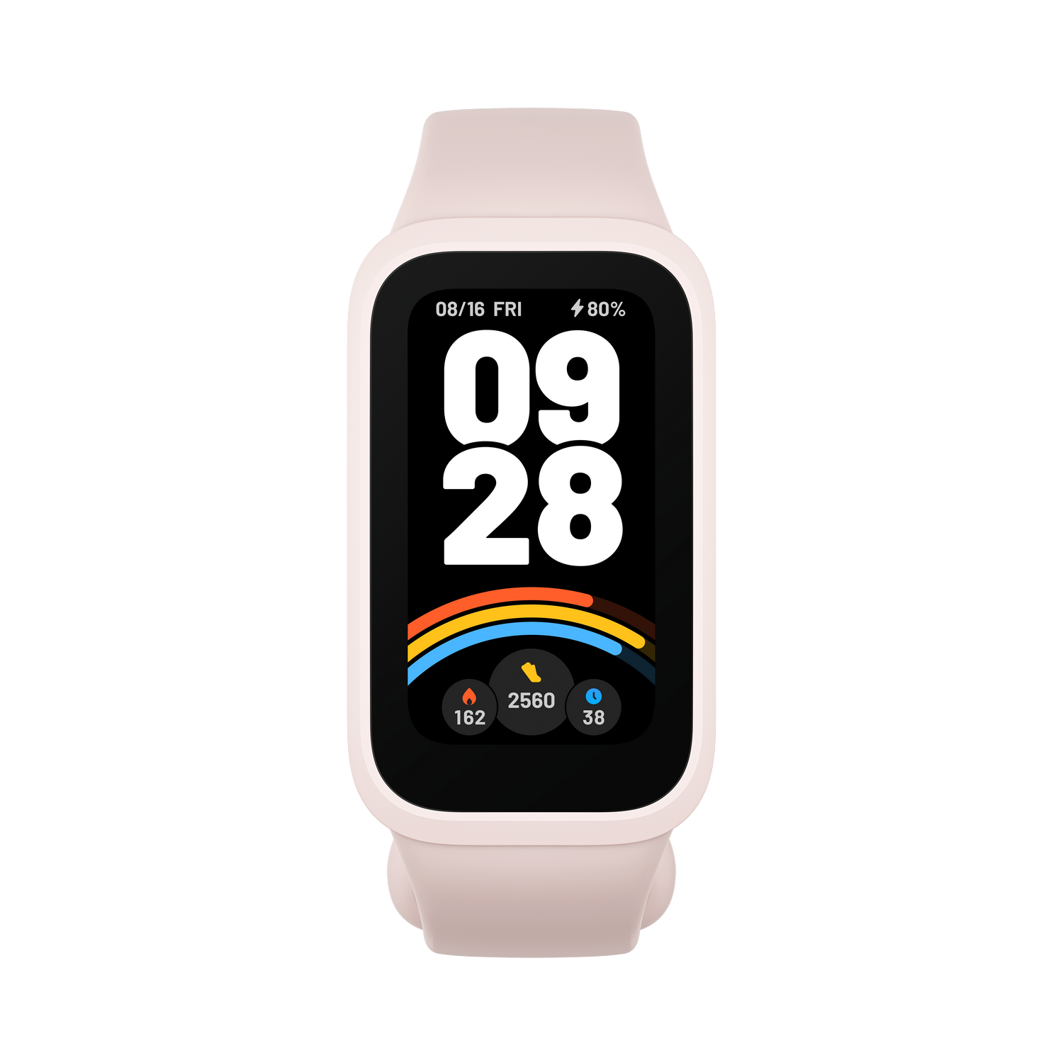 Smartwatch con correa rosa claro. La pantalla muestra hora, pasos y otros datos.