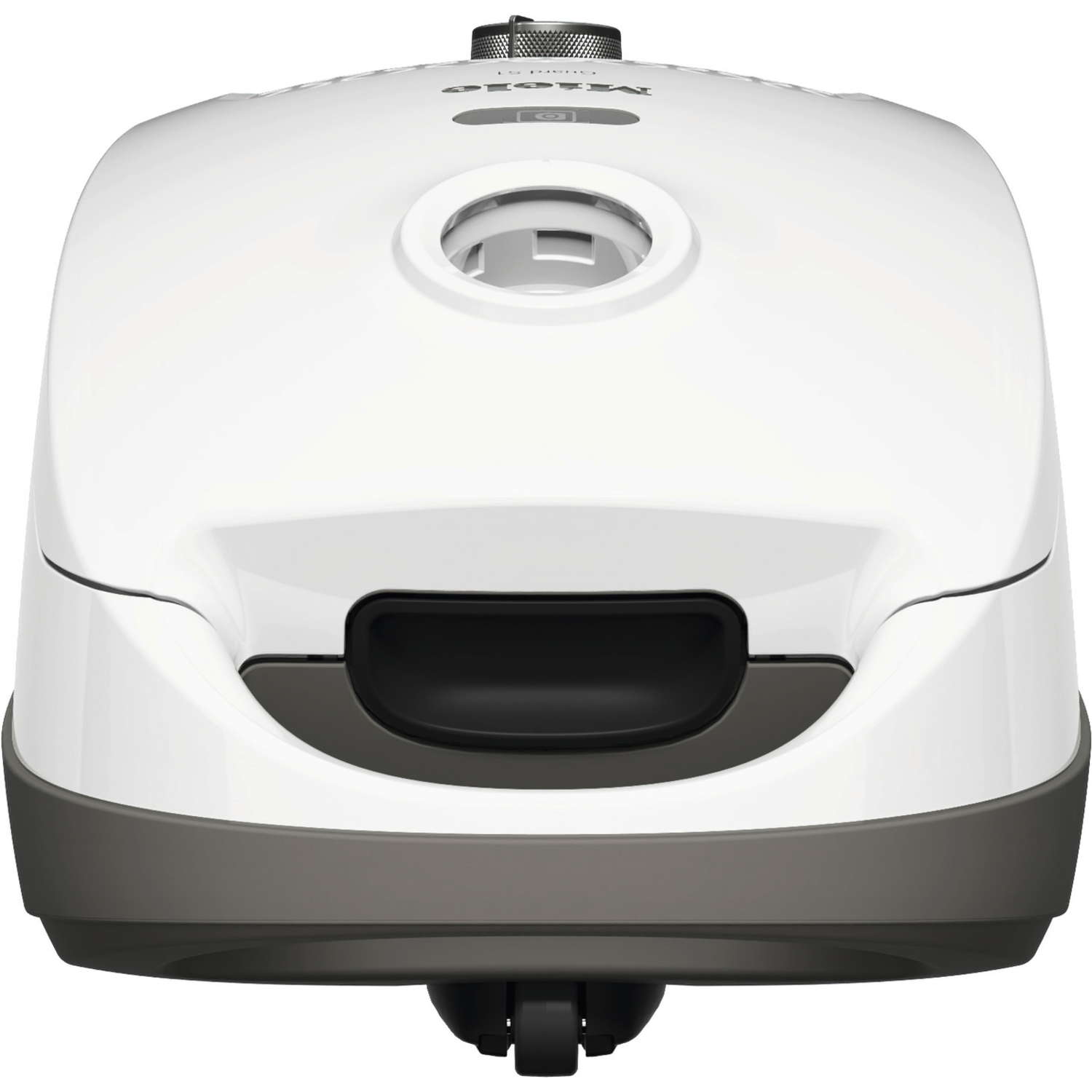 Bovenaanzicht van een witte robotstofzuiger met een donkergrijze basis en accenten.