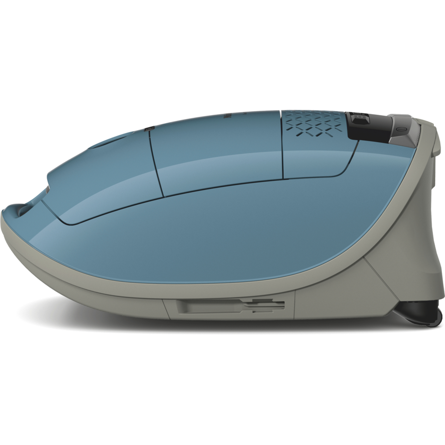 A blue and grey vacuum cleaner on a white background, seen from the side.