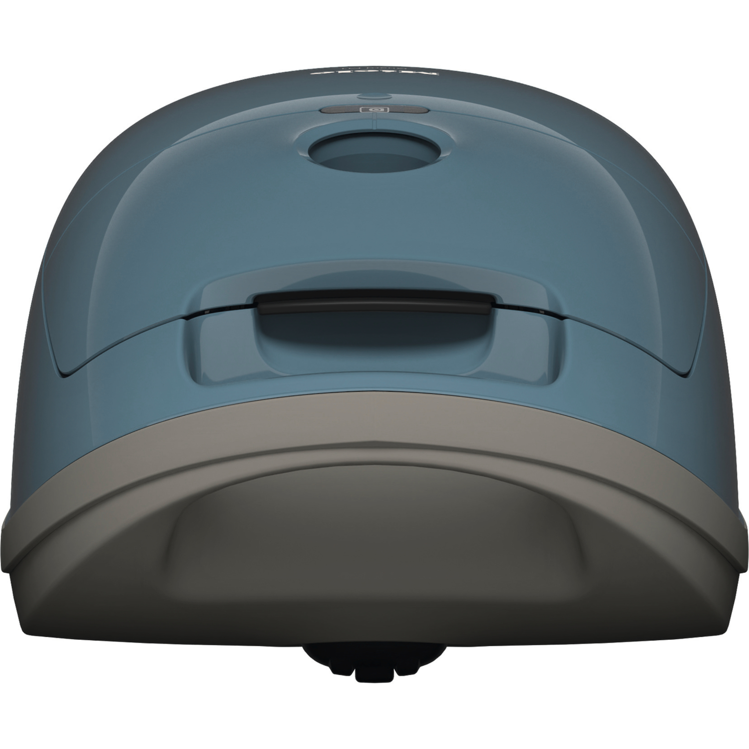 A blue and grey helmet-shaped device. It has a circular top and a handle on the front.