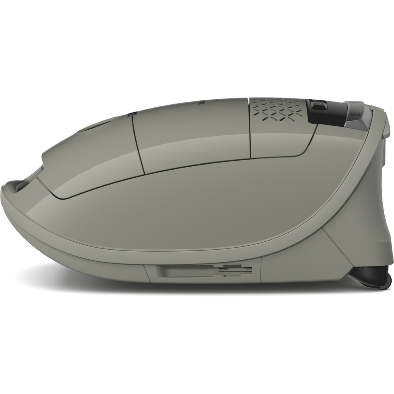 A light gray vacuum cleaner, side view, with a black handle.