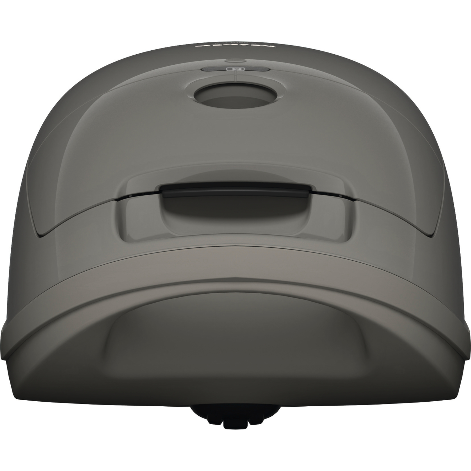 Gray, rounded robot vacuum cleaner, top view. It has a small circular button, and a handle.