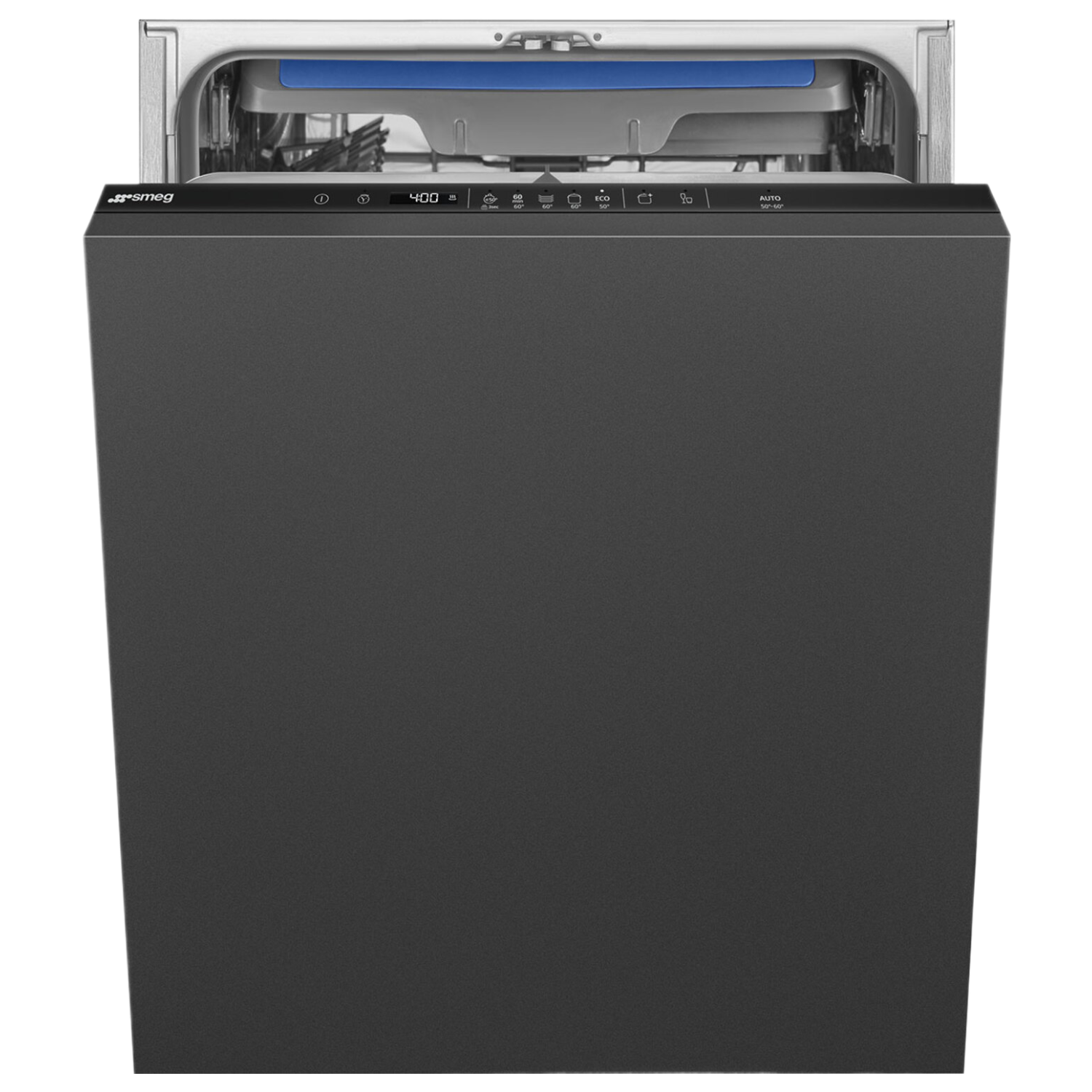 Lave-vaisselle Smeg noir. La porte est ouverte, révélant un intérieur bleu.