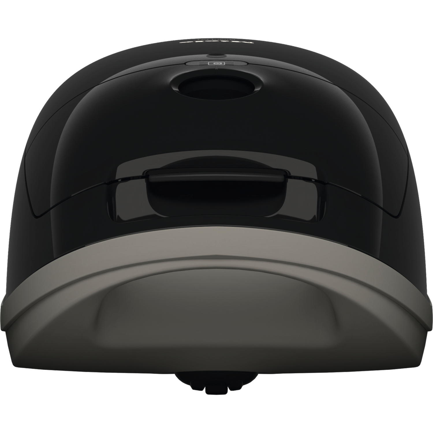 Black robot vacuum cleaner, top view, with a gray design.