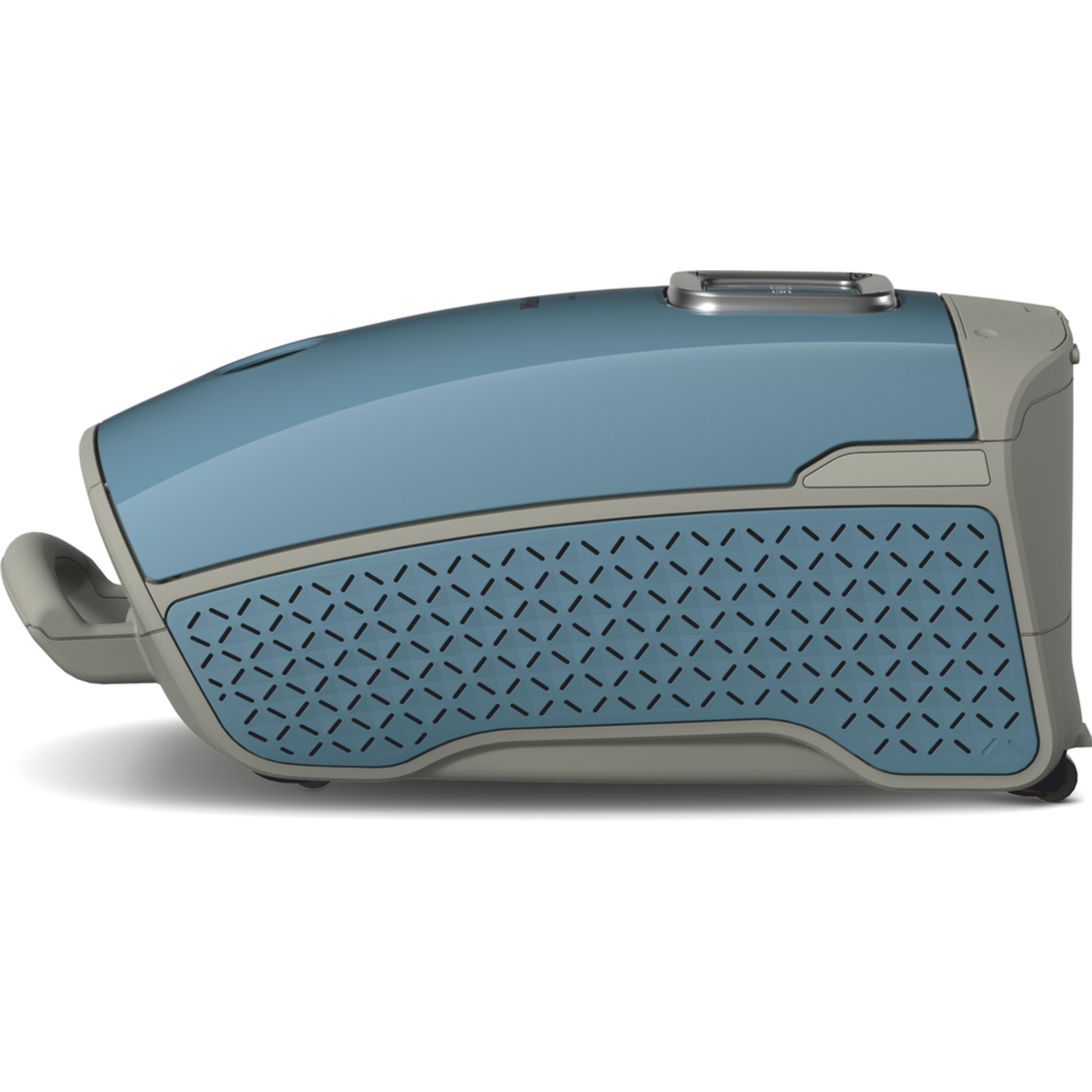 Blue and gray vacuum cleaner, angled view. Black background.