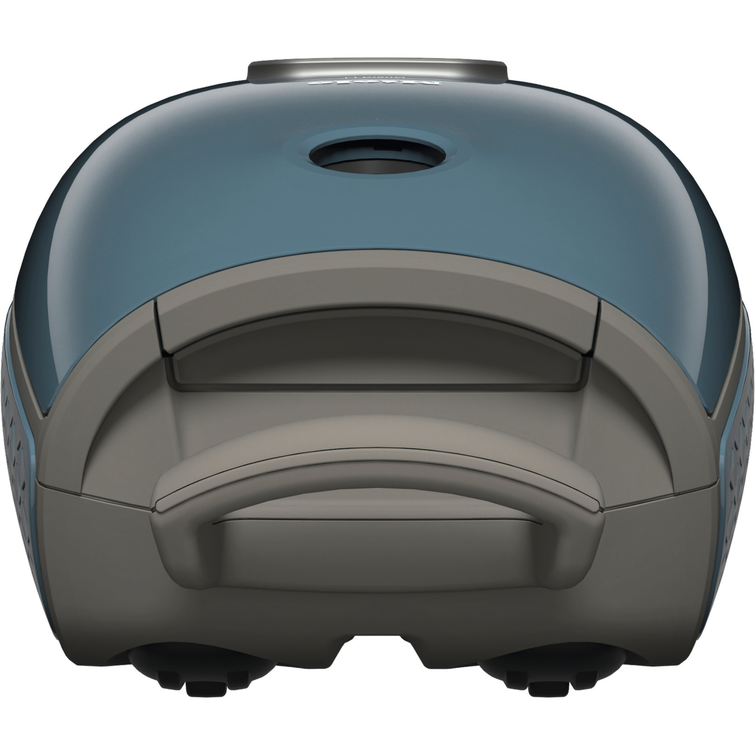 A blue and gray vacuum cleaner. The handle and wheels are visible. A round shape.