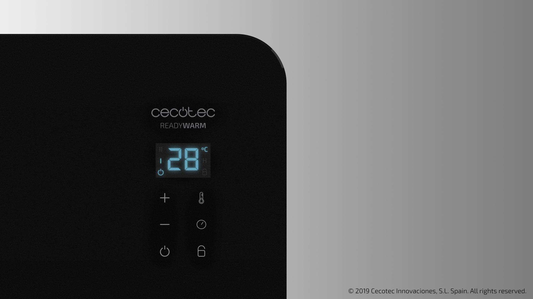 Panel de control del calefactor Cecotec Readywarm, mostrando 28 grados.
