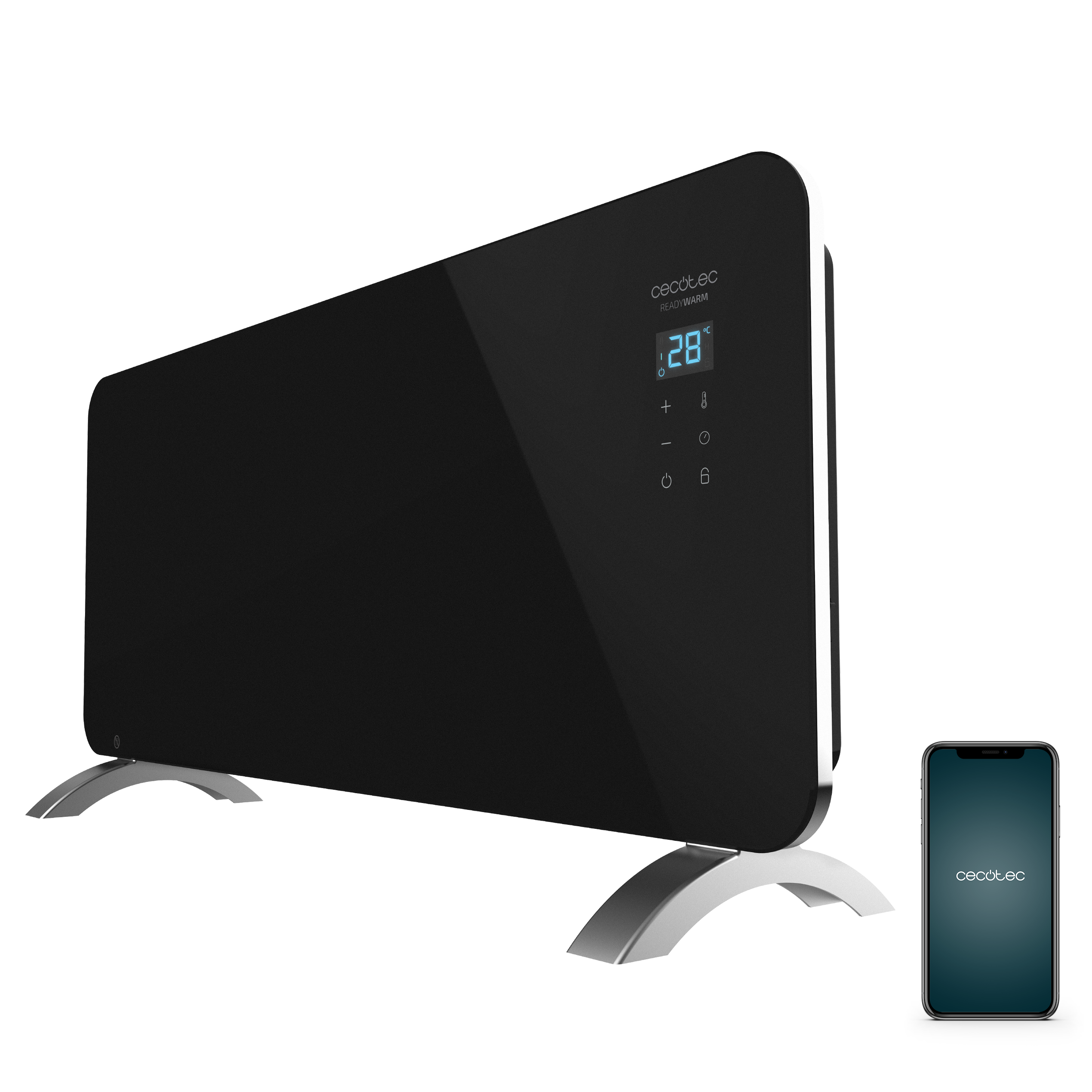 Calentador eléctrico negro con pantalla digital, soporte plateado y teléfono.