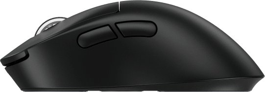 Fekete egér két oldalsó gombbal, ergonomikus kialakítás, zöld háttéren.