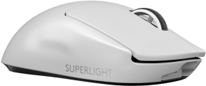 Egy fehér vezeték nélküli egér. Van rajta görgetőkerék és a 'SUPERLIGHT' szó.