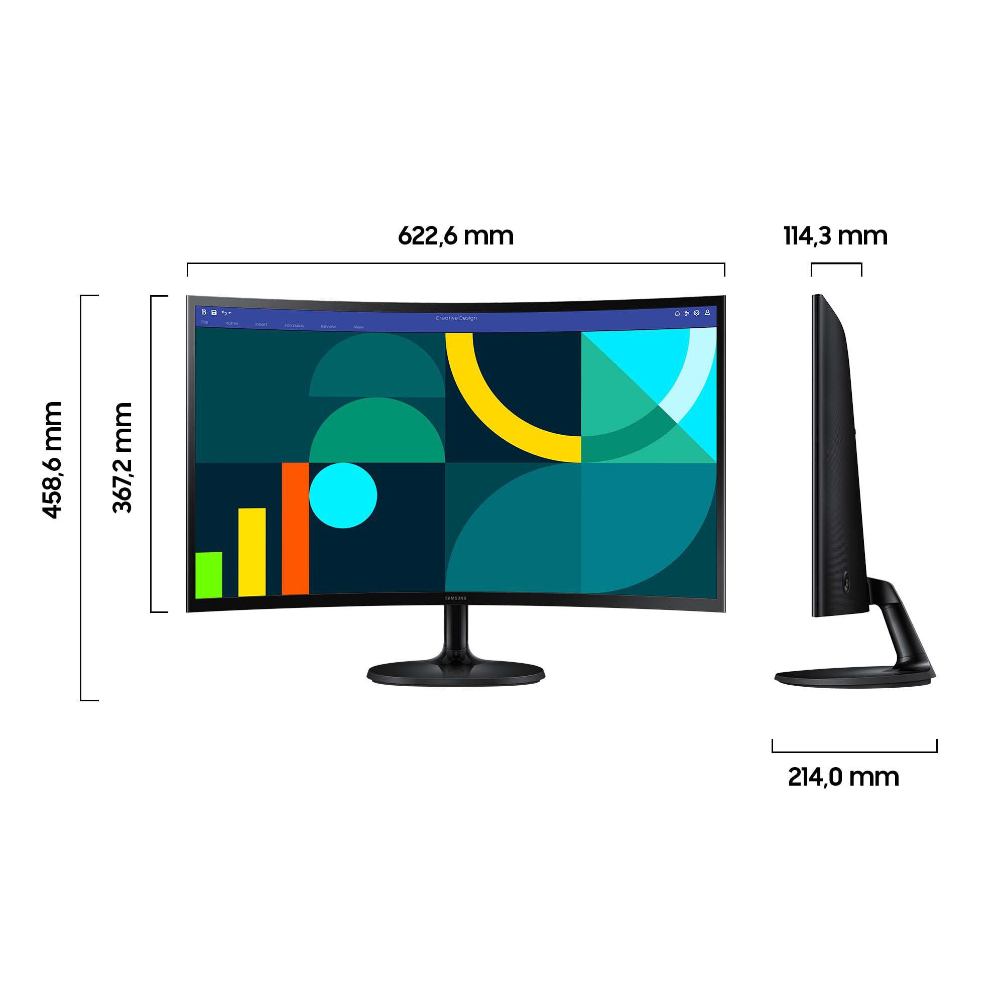 Ein gebogener Monitor mit farbenfroher Oberfläche. Abmessungen sind angegeben. Der Monitor ist schwarz, mit schwarzem Ständer.