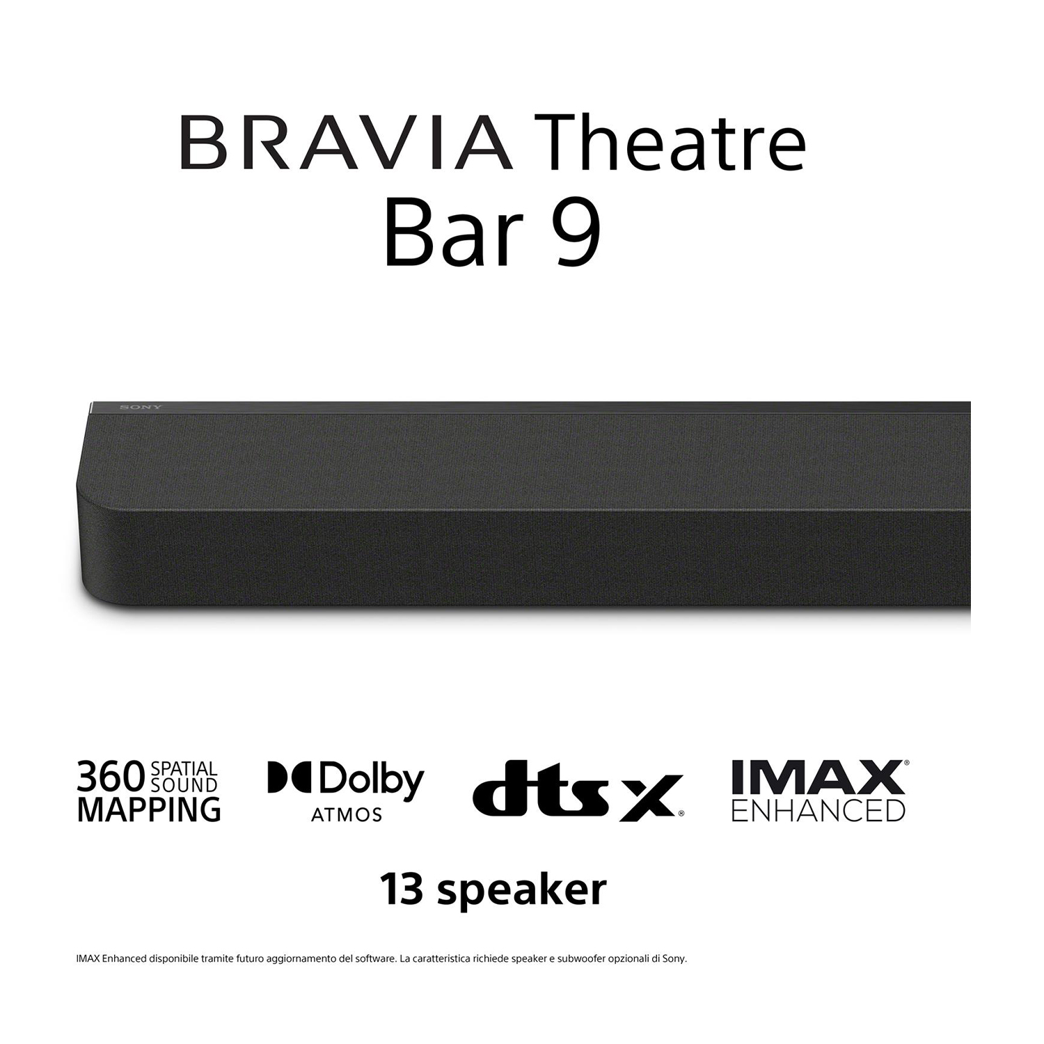 Soundbar nera con testo BRAVIA Theatre Bar 9 e loghi delle tecnologie audio.