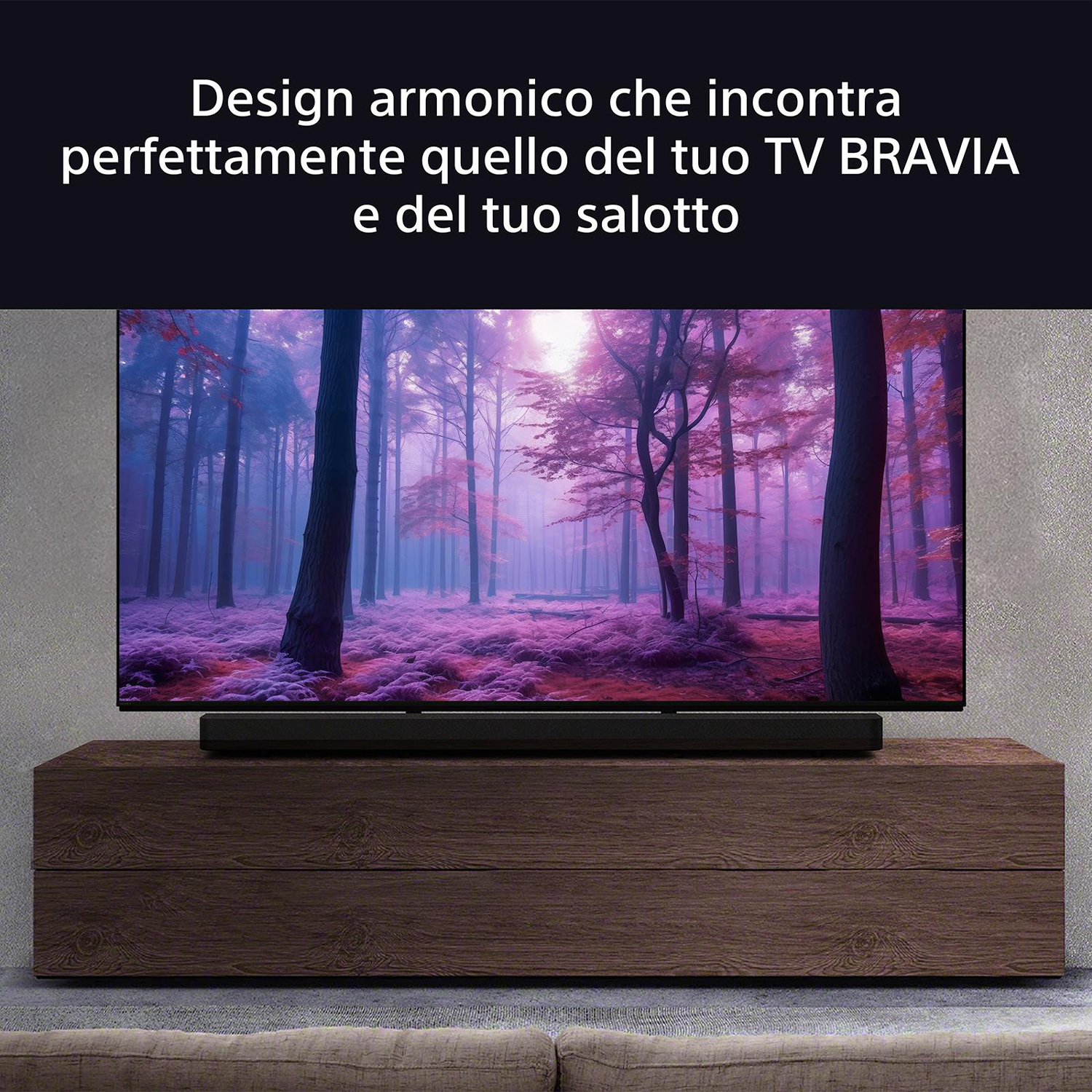 TV su supporto in legno con scena foresta sullo schermo.