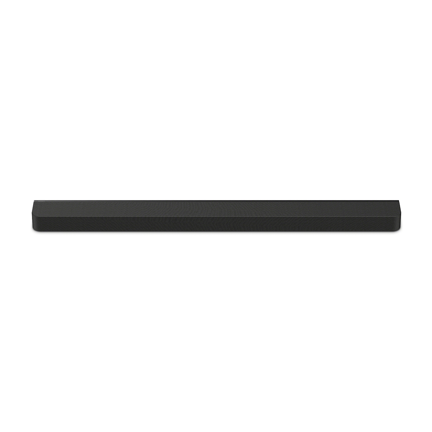 Una soundbar lunga e nera su sfondo bianco. Ha una superficie a forma di rete.