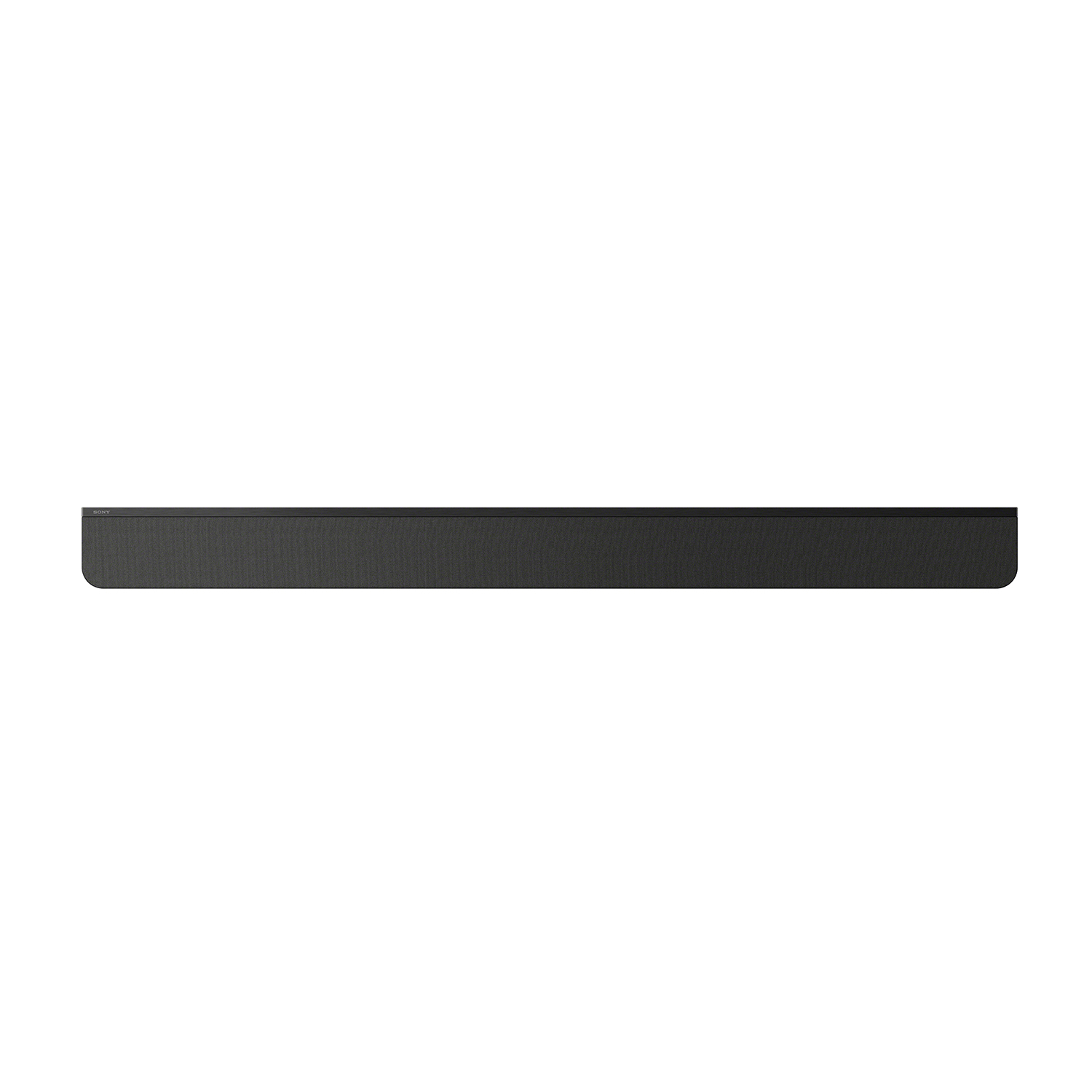 Soundbar nera, lunga e sottile, su sfondo bianco, pulita e semplice.